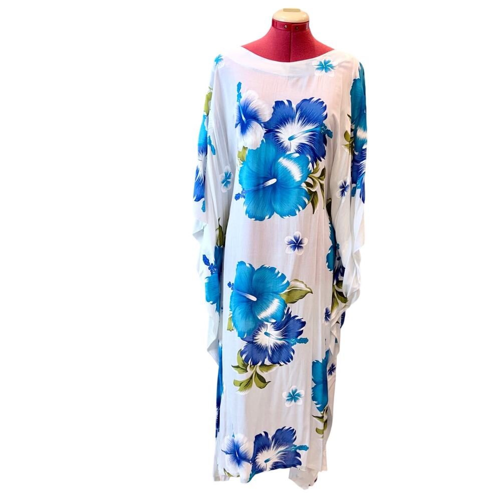 Aloha Fashion Hawaiian Muumuu Dress 2XL Blue Hibiscus Maxi Rayon Thailand NWT